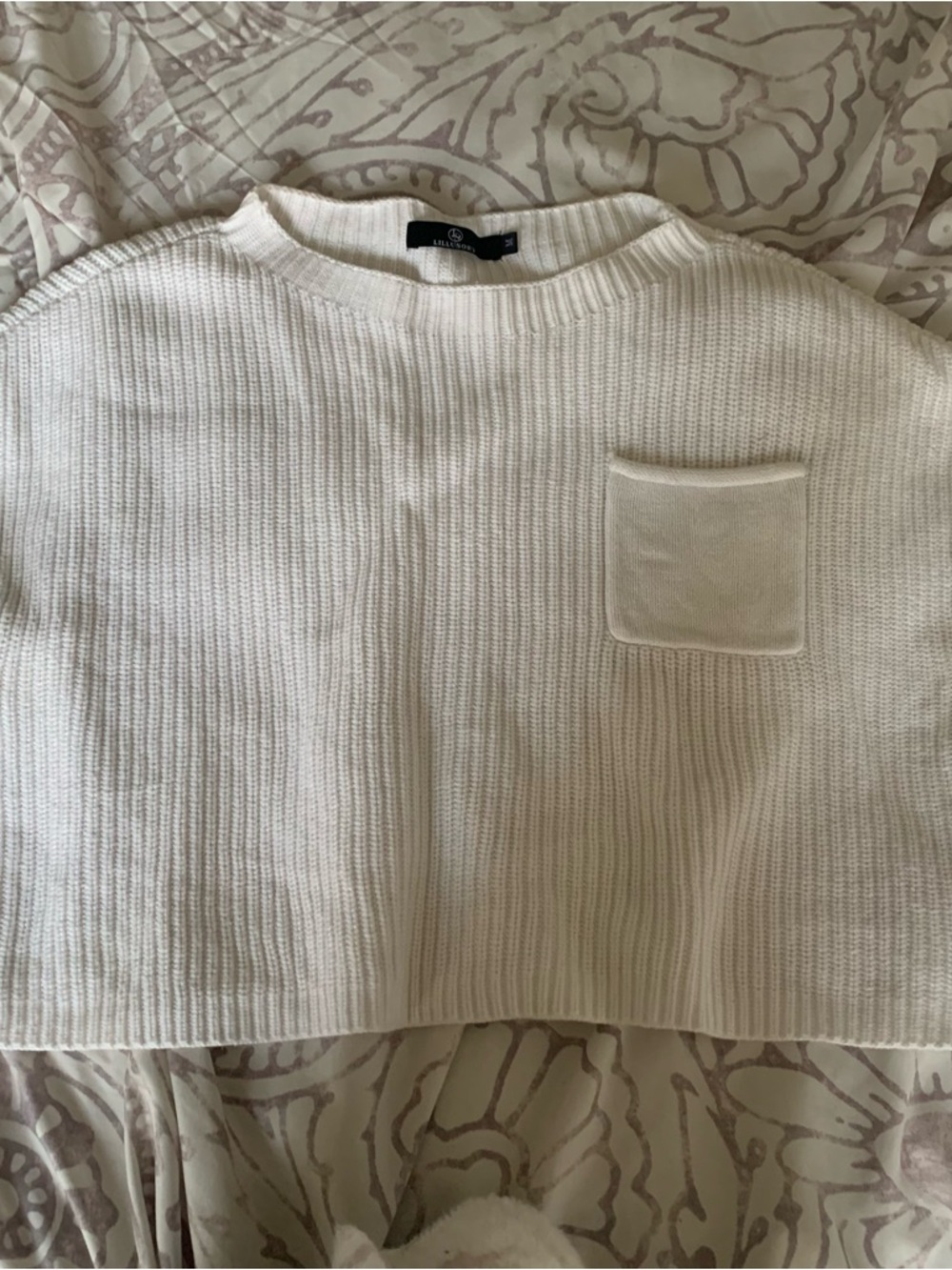 Cropped Cream Ribbed Pocket Sweater - Women